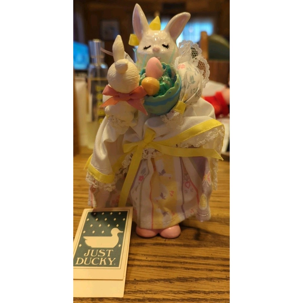 NWT Vintage 1983 Vintage Just Ducky Rabbit Easter Baby Basket Ceramic Figurine